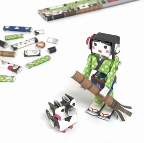 Hana & Suzu Waitress & Pet Sparrow - Japanese 3D Paper Puzzle DIY Robot kit for Kids and Origami Kit for Adults