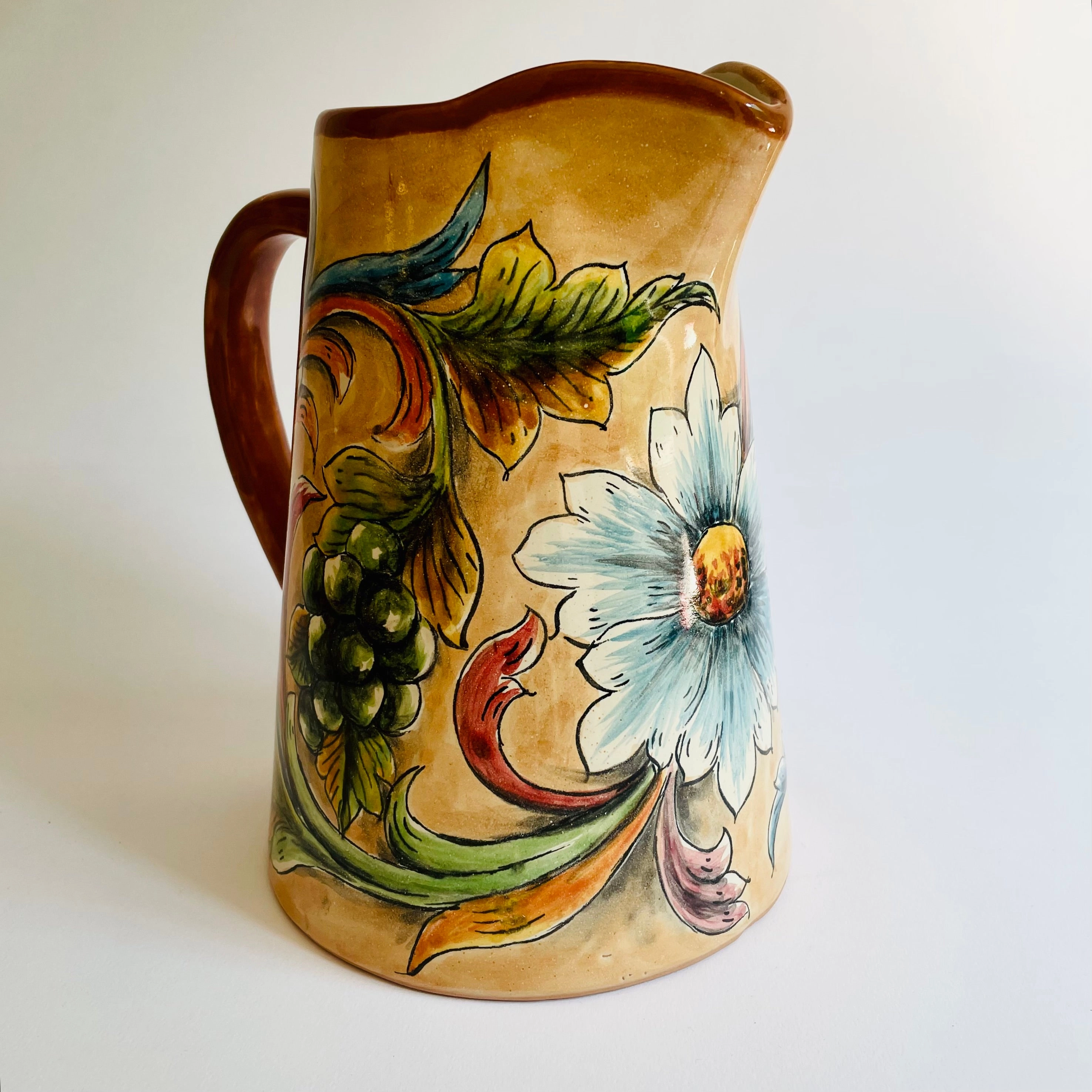 Hand-Painted Mayolica Pitcher - Beige with Grapes