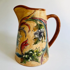 Hand-Painted Mayolica Pitcher - Beige with Grapes