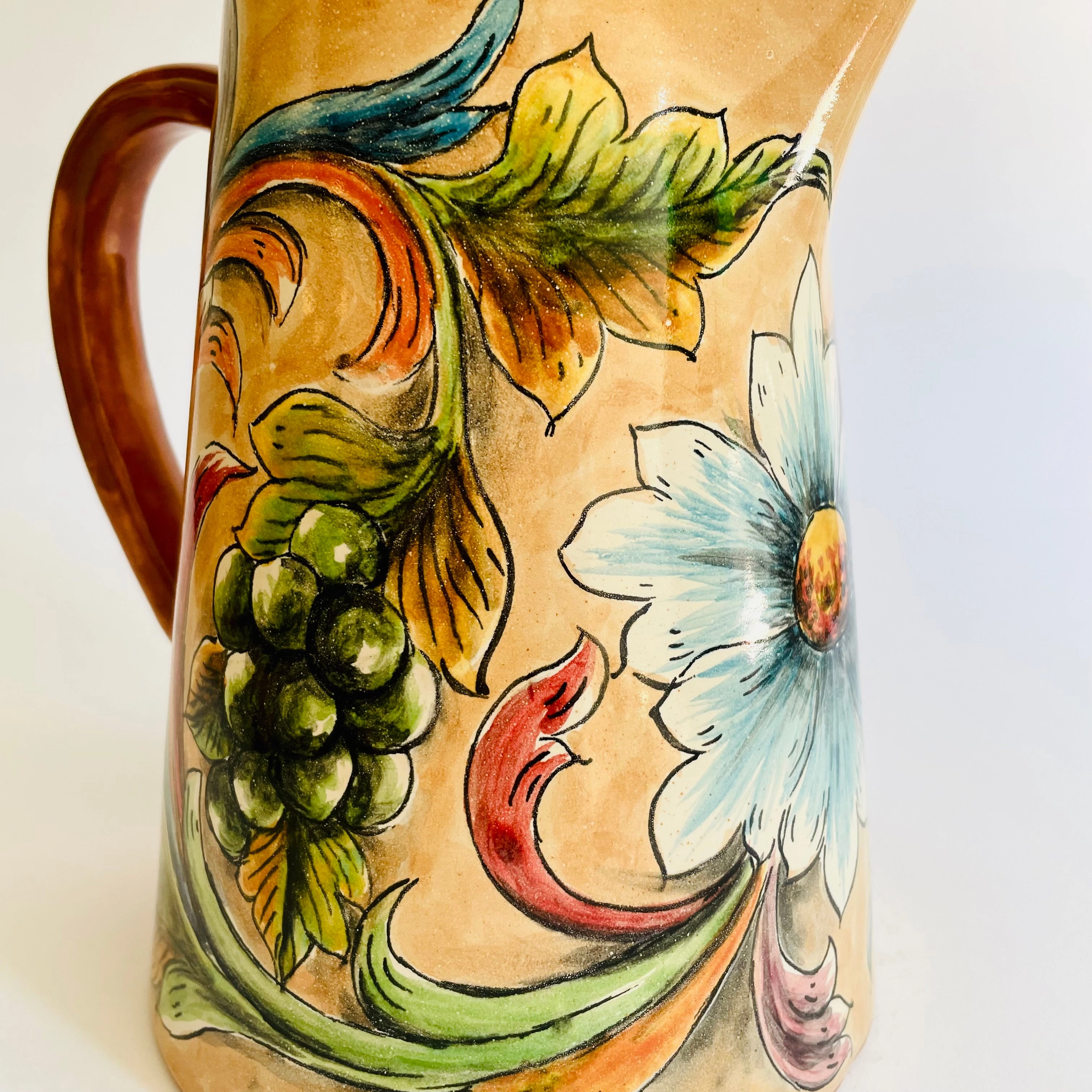Hand-Painted Mayolica Pitcher - Beige with Grapes