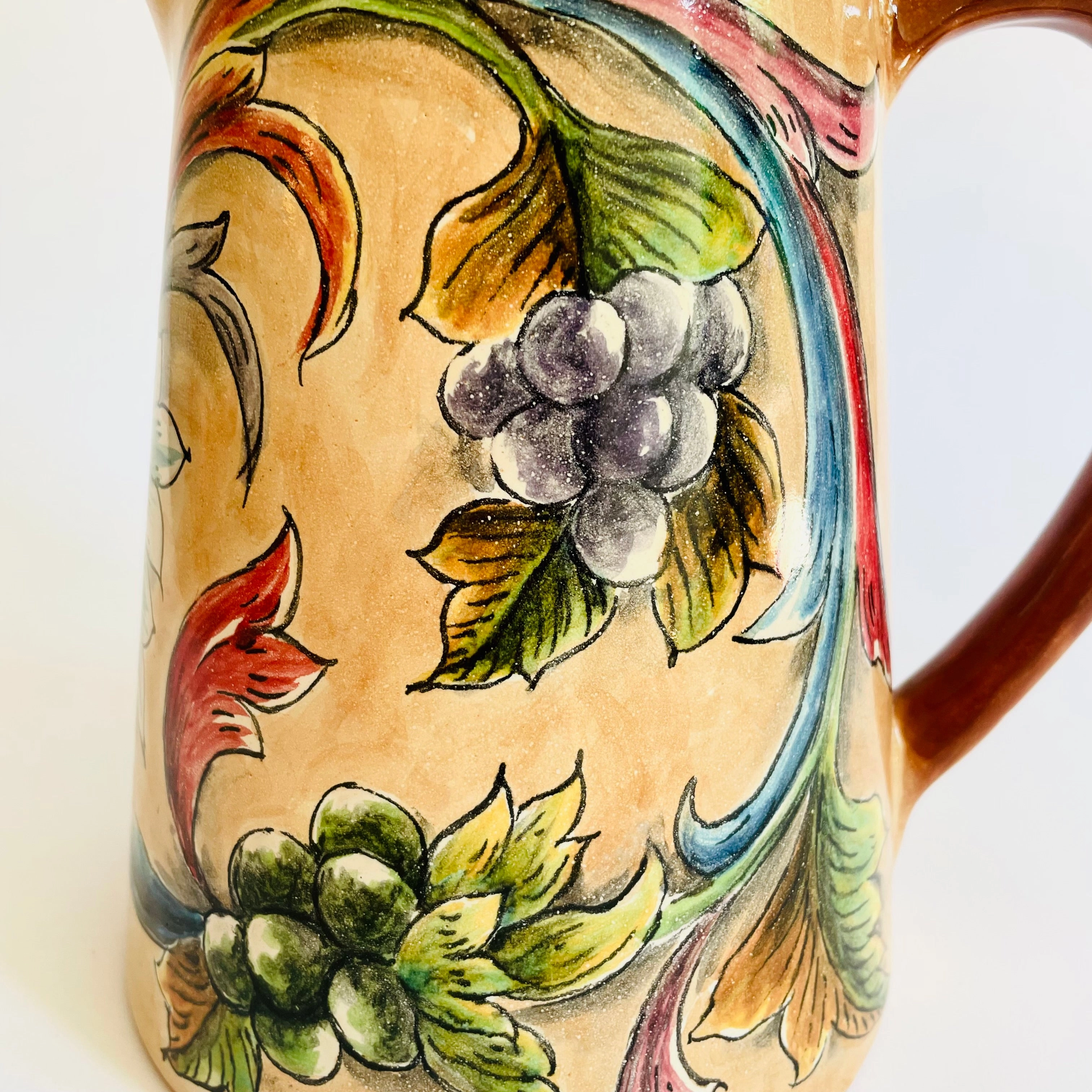 Hand-Painted Mayolica Pitcher - Beige with Grapes