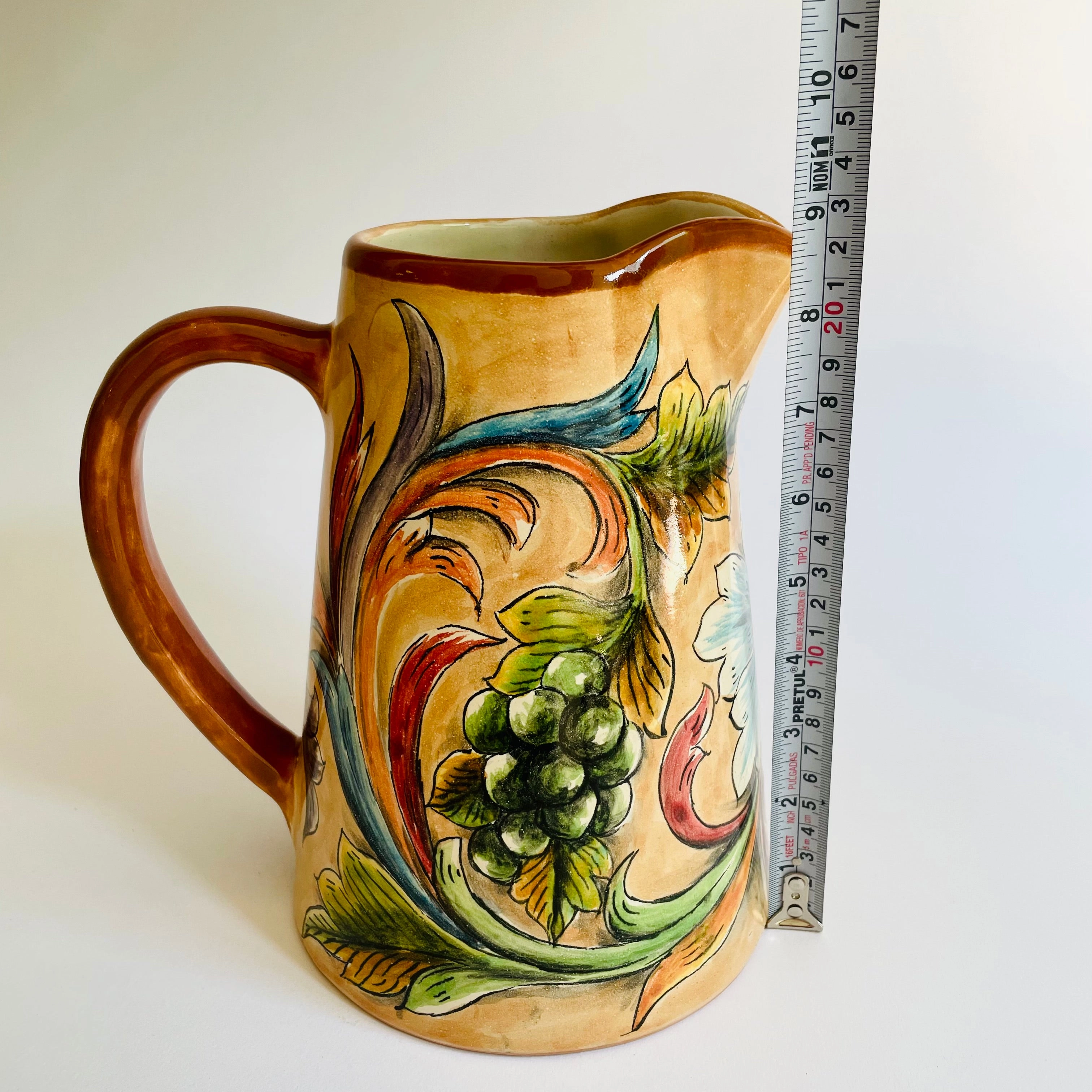 Hand-Painted Mayolica Pitcher - Beige with Grapes