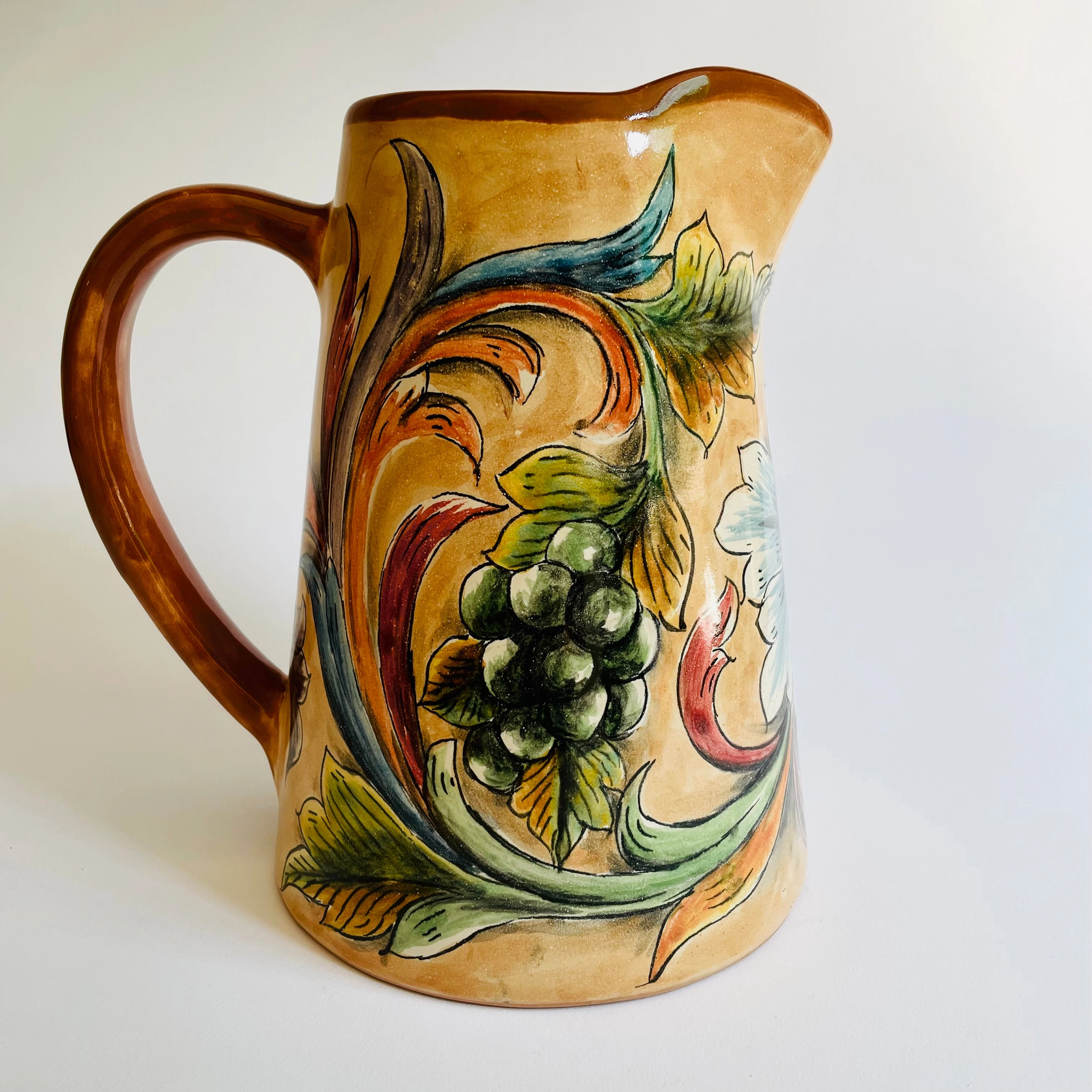 Hand-Painted Mayolica Pitcher - Beige with Grapes