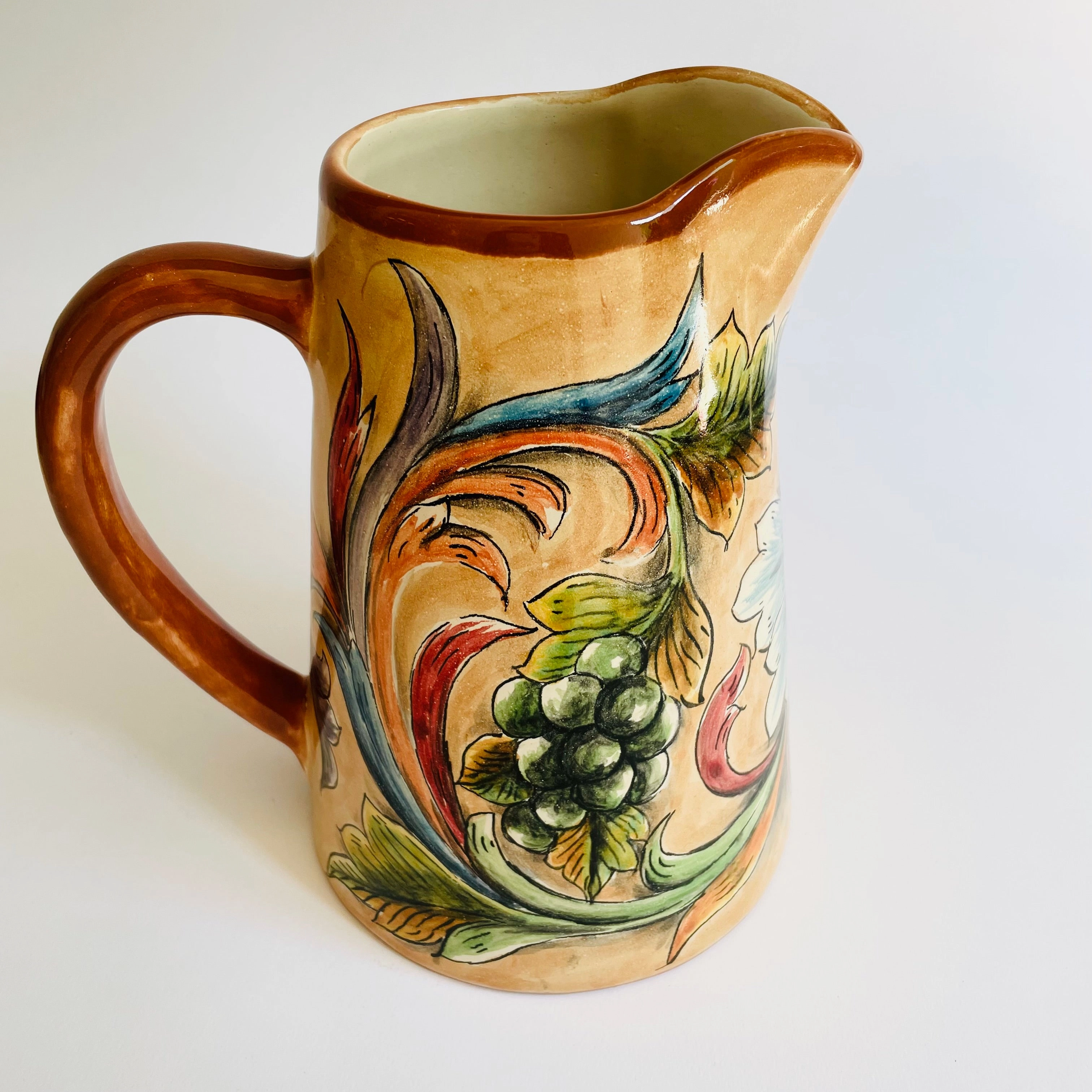 Hand-Painted Mayolica Pitcher - Beige with Grapes