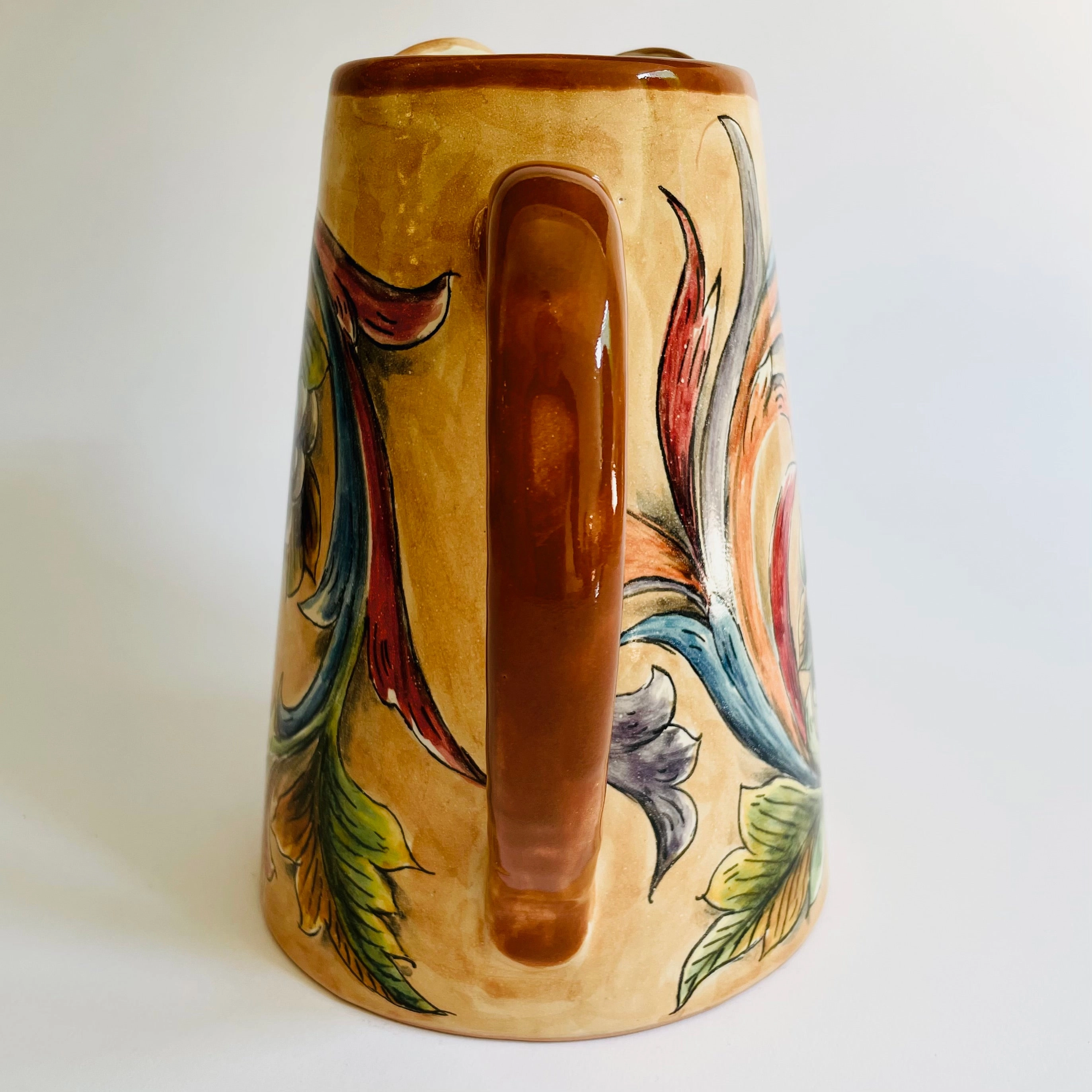 Hand-Painted Mayolica Pitcher - Beige with Grapes