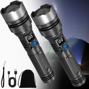 Happytion Flashlight, Happytion Flash Light, Happytion Ultimate Survival Flashlight, USB Waterproof Zoomable High Lumens Handheld Flashlights with LCD Digital Display, for Hiking Camping (2 Pcs)