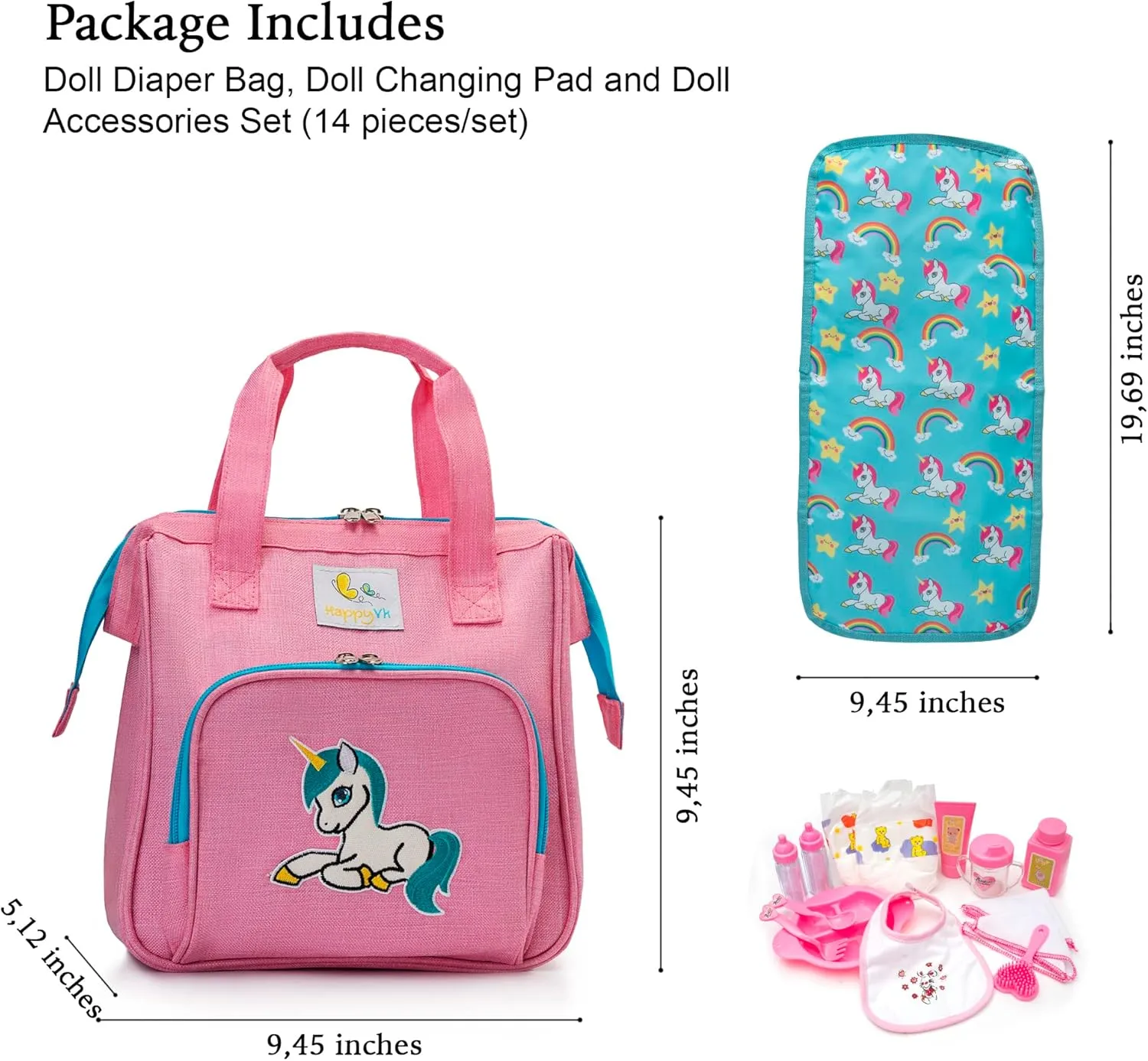 HappyVk- Baby Doll Diaper Bag with Doll Changing Pad and Doll Accessories Set - Handbag for Girls - Cute Embroidery
