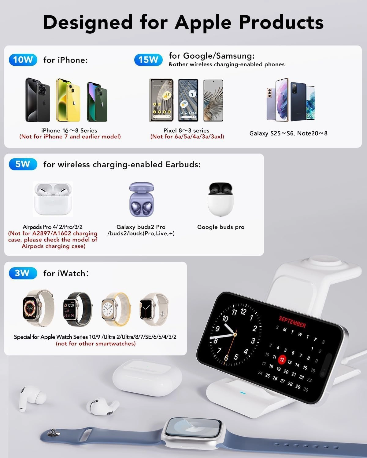 HATALKIN 3 in 1 Wireless Charging Station Compatible for Apple Products Multiple Devices Charger for Apple Watch ultra 10 9 8 7 SE 6 5 AirPods Pro iPhone 16 15 14 13 12 Pro Max/X/XS Fast Charger Stand
