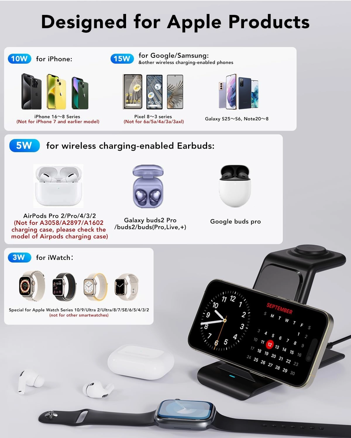 HATALKIN 3 in 1 Wireless Charging Station Compatible for Apple Products Multiple Devices Charger for Apple Watch ultra 10 9 8 7 SE 6 5 AirPods Pro iPhone 16 15 14 13 12 Pro Max/X/XS Fast Charger Stand
