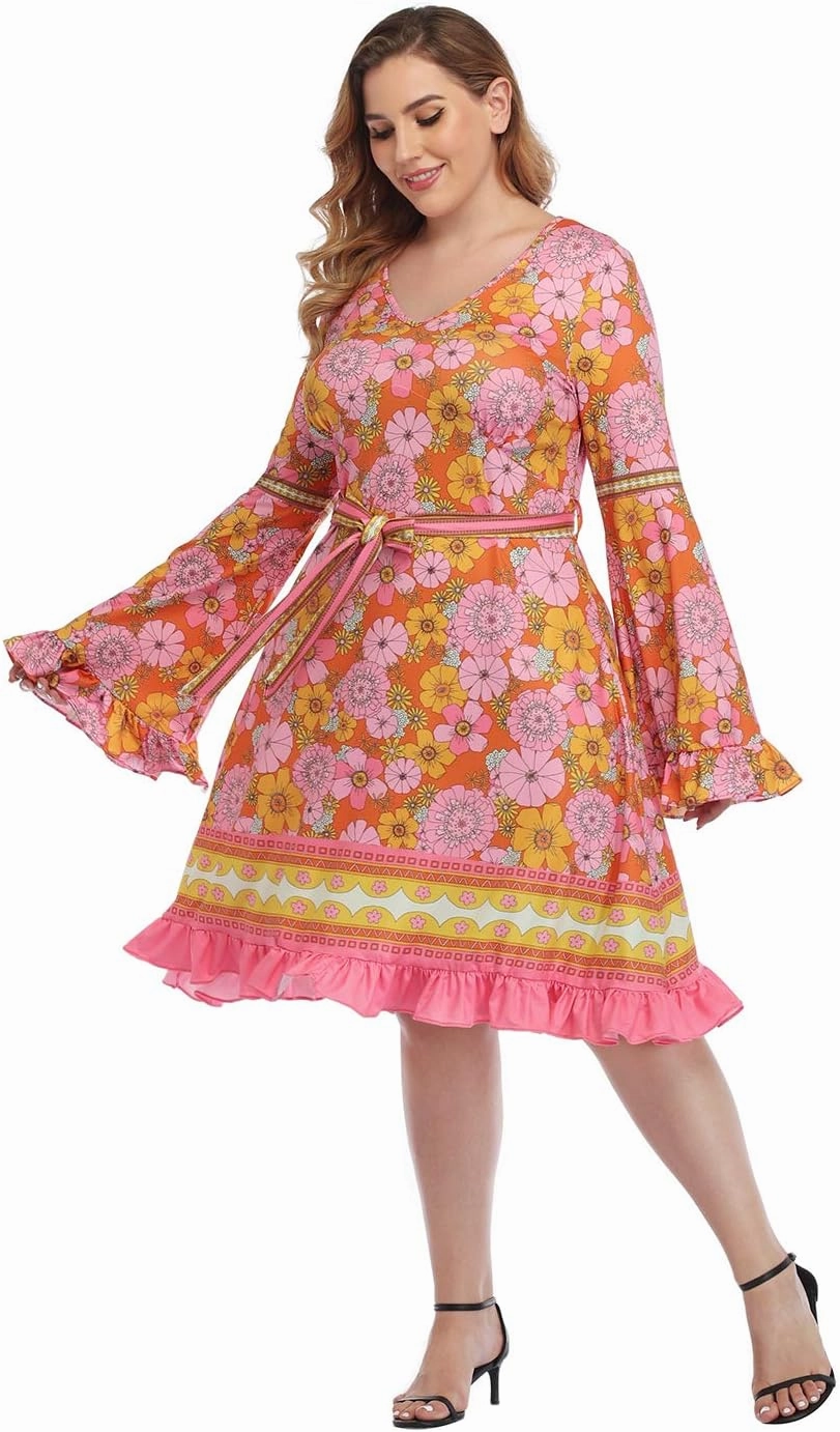 HDE Plus Size Bell Sleeve Dress Boho Vintage Hippie A line 70s Pastel Goth Witch