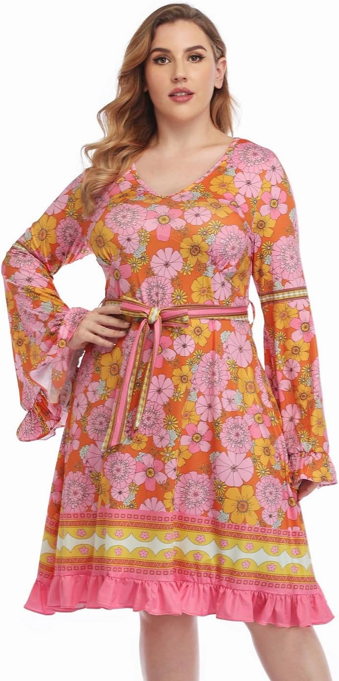 HDE Plus Size Bell Sleeve Dress Boho Vintage Hippie A line 70s Pastel Goth Witch