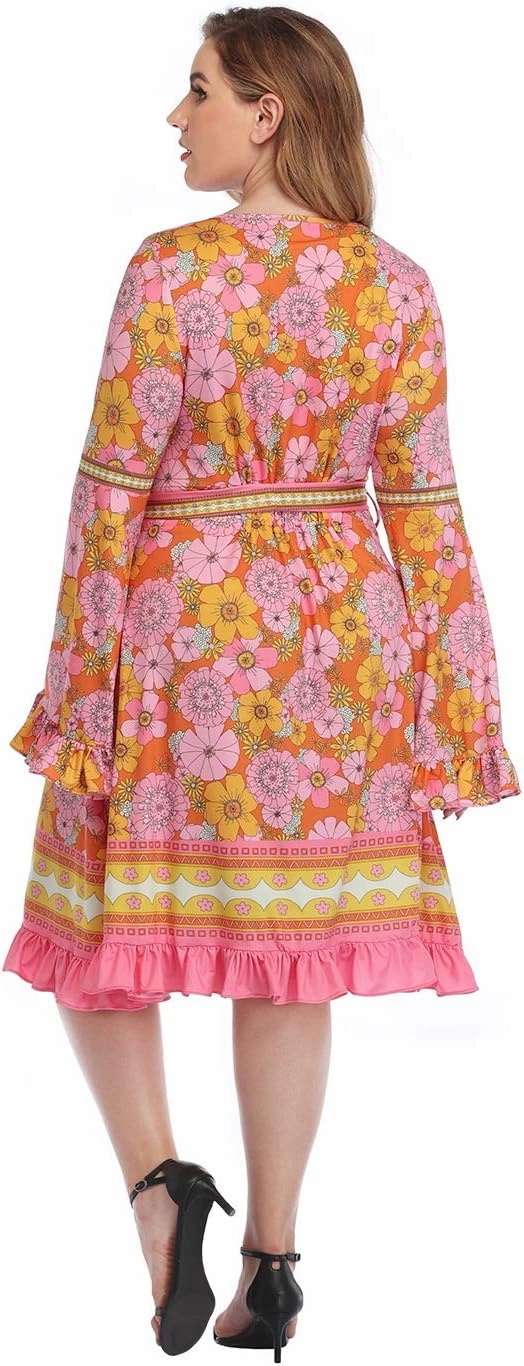 HDE Plus Size Bell Sleeve Dress Boho Vintage Hippie A line 70s Pastel Goth Witch
