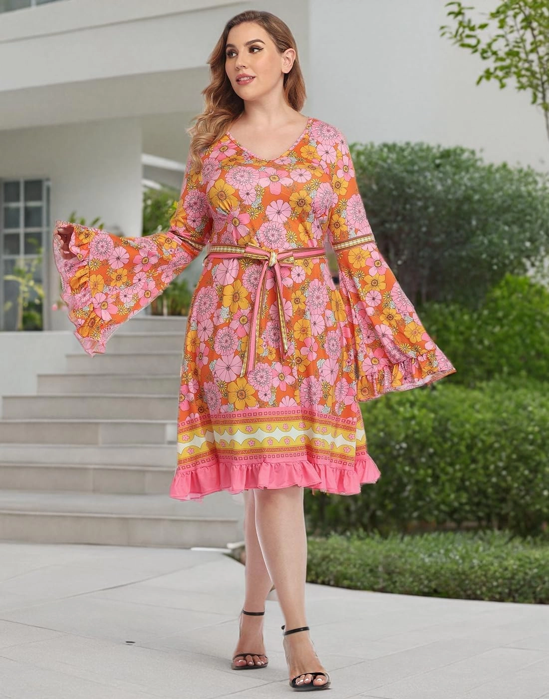 HDE Plus Size Bell Sleeve Dress Boho Vintage Hippie A line 70s Pastel Goth Witch