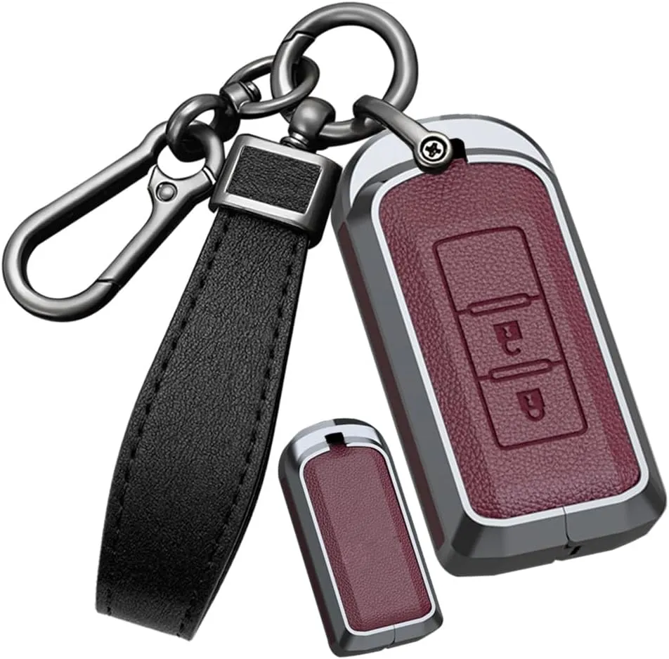 HIBEYO 2 Button Key Fob Cover for Mitsubishi Outlander Sport Eclipse Cross ASX Mirage RVR Lancer Fortis Ex Car Accessories with Keychains Metal &Leather Key Case-2 Button Red