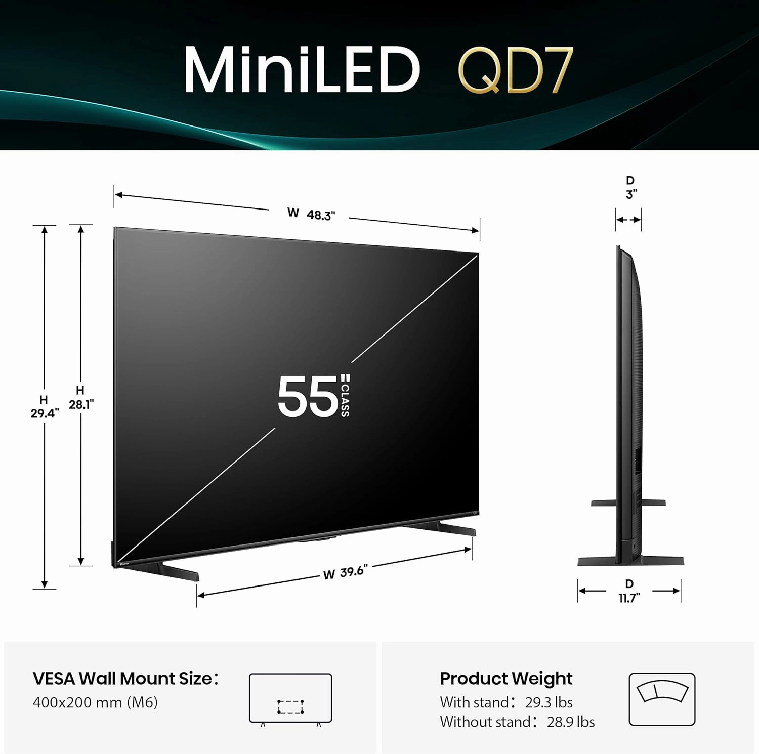 Hisense 55" Class QD7 Series Mini-LED 4K UHD Smart Fire TV (55QD7QF, 2025 Model) - QLED, HDR10 , Dolby Vision, Dolby Atmos, Game Mode Plus, ALLM, Alexa Built in with Voice Remote, Streaming TV, Black