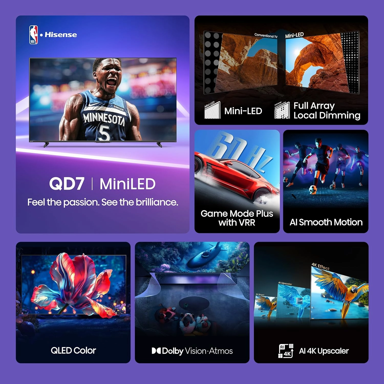 Hisense 55" Class QD7 Series Mini-LED 4K UHD Smart Fire TV (55QD7QF, 2025 Model) - QLED, HDR10 , Dolby Vision, Dolby Atmos, Game Mode Plus, ALLM, Alexa Built in with Voice Remote, Streaming TV, Black