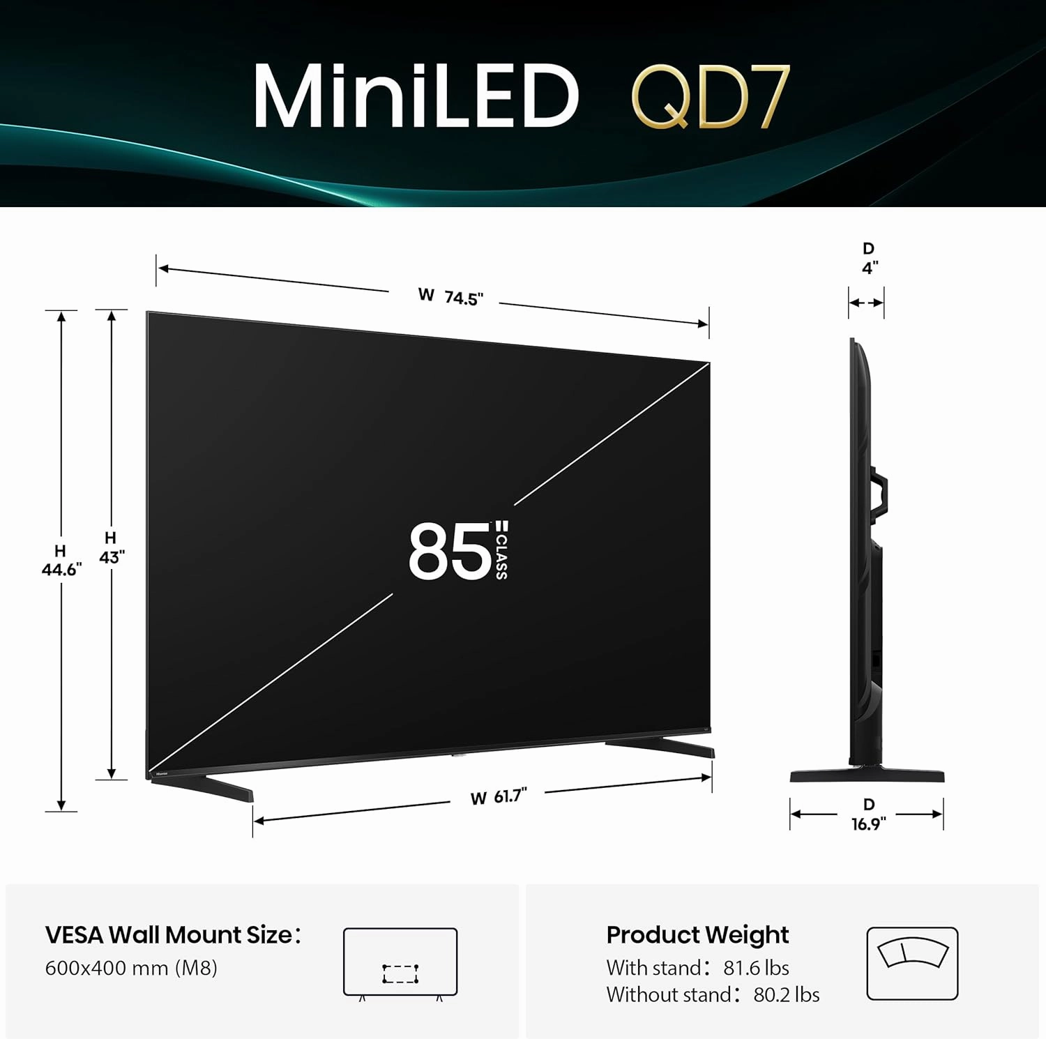 Hisense 85" Class QD7 Series Mini-LED 4K UHD Smart Fire TV (85QD7QF, 2025 Model) - QLED, Native 144hz, HDR10 , Dolby Vision, Dolby Atmos, Game Mode Pro, ALLM, Alexa Built in with Voice Remote, Black