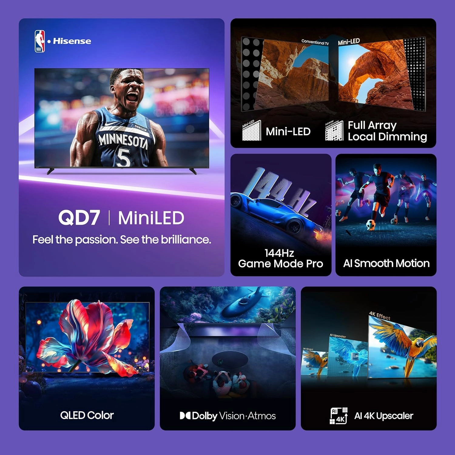 Hisense 85" Class QD7 Series Mini-LED 4K UHD Smart Fire TV (85QD7QF, 2025 Model) - QLED, Native 144hz, HDR10 , Dolby Vision, Dolby Atmos, Game Mode Pro, ALLM, Alexa Built in with Voice Remote, Black