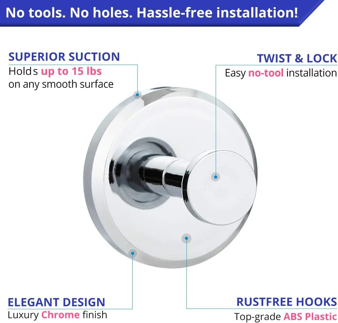 HOME SO Suction Cup Hooks for Shower, Bathroom, Kitchen, Glass Door, Mirror, Tile – Loofah, Towel, Coat, Bath Robe Hook Holder for Hanging up to 15 lbs – Waterproof & Rustproof, Chrome (2-Pack) …