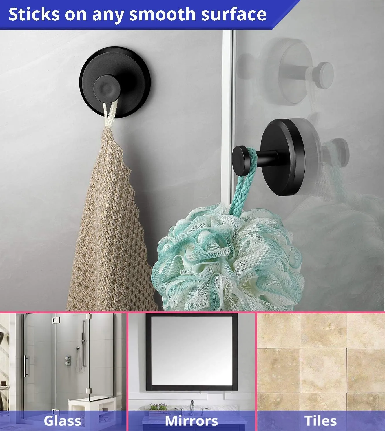HOME SO Suction Cup Hooks for Shower, Bathroom, Kitchen, Glass Door, Mirror, Tile – Loofah, Towel, Coat, Bath Robe Hook Holder for Hanging up to 15 lbs – Waterproof & Rustproof, Matte Black (4-Pack)