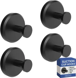 HOME SO Suction Cup Hooks for Shower, Bathroom, Kitchen, Glass Door, Mirror, Tile – Loofah, Towel, Coat, Bath Robe Hook Holder for Hanging up to 15 lbs – Waterproof & Rustproof, Matte Black (4-Pack)