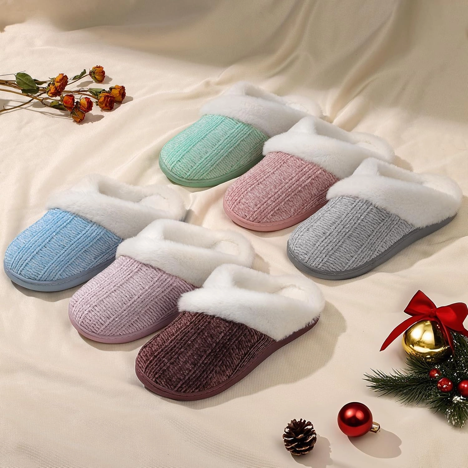 Homitem Fuzzy Slippers for Women Indoor and Outdoor Fluffy Bedroom House Shoes with Arch Support Memory Foam Winter Warm Ladeis Cute Comfy Cozy