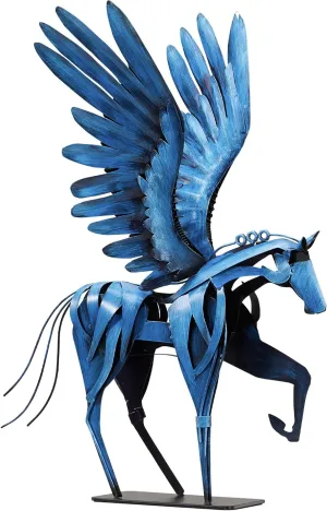 Horse Statue Décor Artwork, 24" H Handmade Metal Pegasus Greek Flying Horse Sculpture, Hand-Painted Animal Figurines for Home Living Room Office (Vintage Blue with Wings)