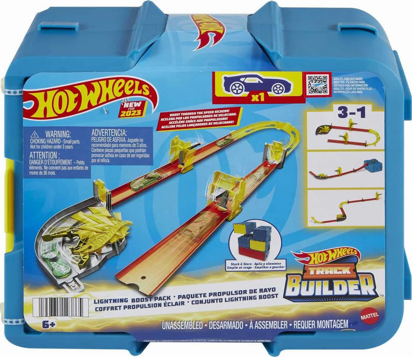 Hot Wheels Track Set with 1 Hot Wheels Car, 12 Track Boosting Components, Stackable Toy Storage Box, Lightning-Themed Track Builder Set for Kids Ages 5 