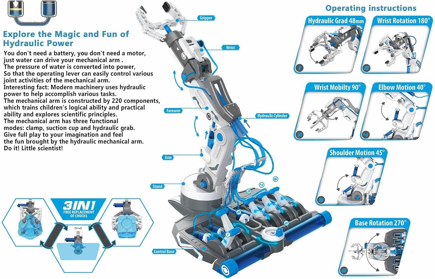 Hydraulic Robot Arm Kit STEM Building Projects Toy Science Kits 3 in 1 Children Hydraulic Mechanical Arm Toy Scientific Experiment for Kids Over 8 Years[Blue]