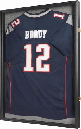 IHEIPYE Large Jersey Frame Display Case Lockable, Sport Jersey Shadow Box with 98% UV Protection Acrylic and Hanger for Baseball Basketball Football Soccer Hockey Sport Shirt and Uniform, Linen Black