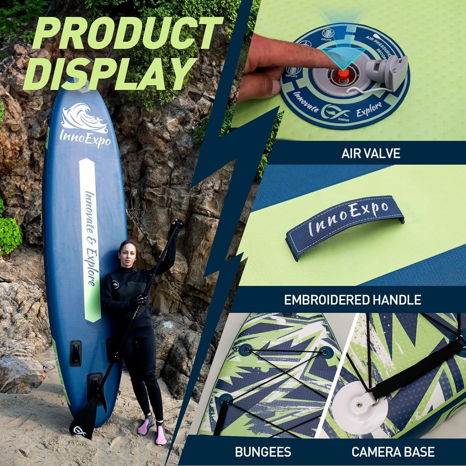 InnoExpo 11' Inflatable Stand Up Paddle Boards with Premium Accessories, Wide Stable SUP Paddle Board Design, Non-Slip Comfort Deck for Youth & Adults