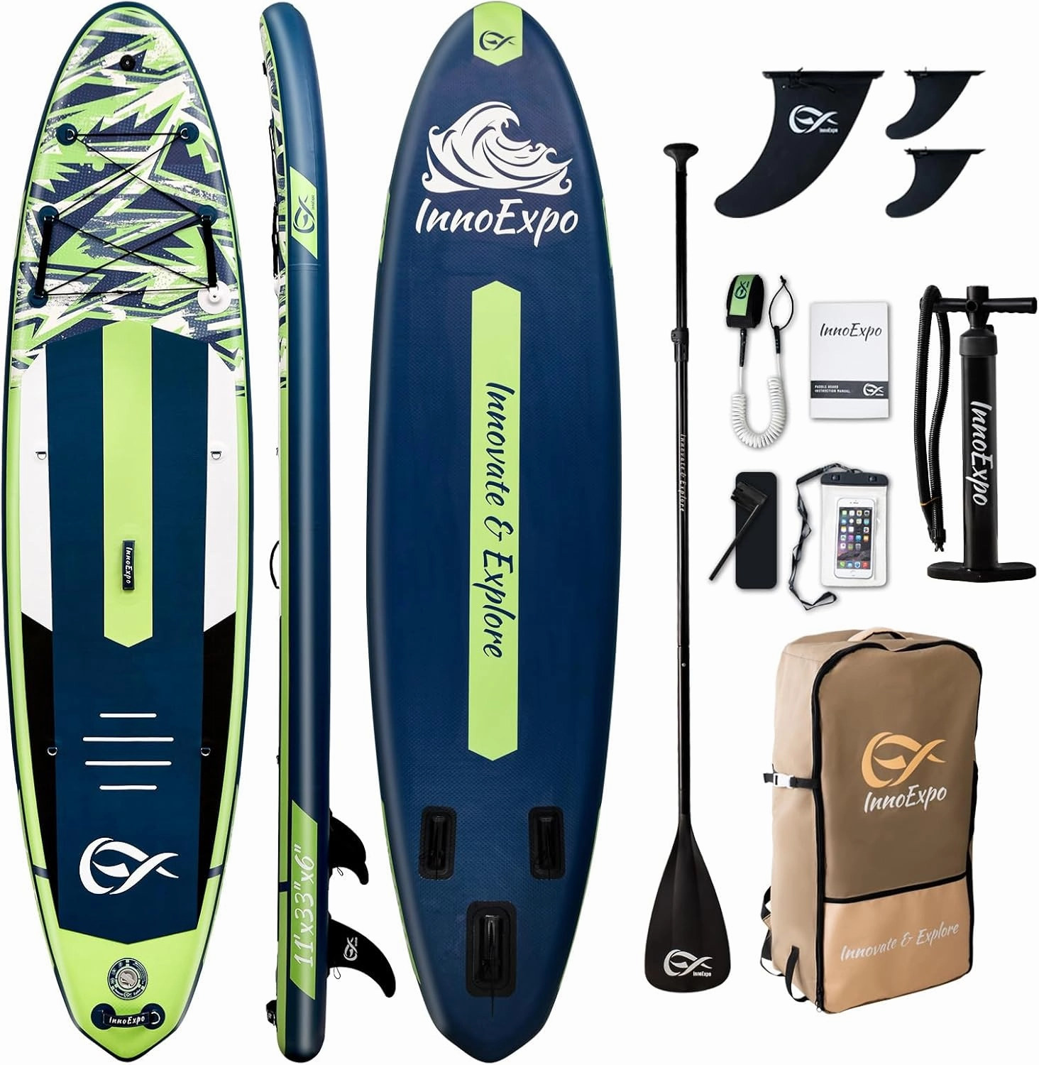 InnoExpo 11' Inflatable Stand Up Paddle Boards with Premium Accessories, Wide Stable SUP Paddle Board Design, Non-Slip Comfort Deck for Youth & Adults