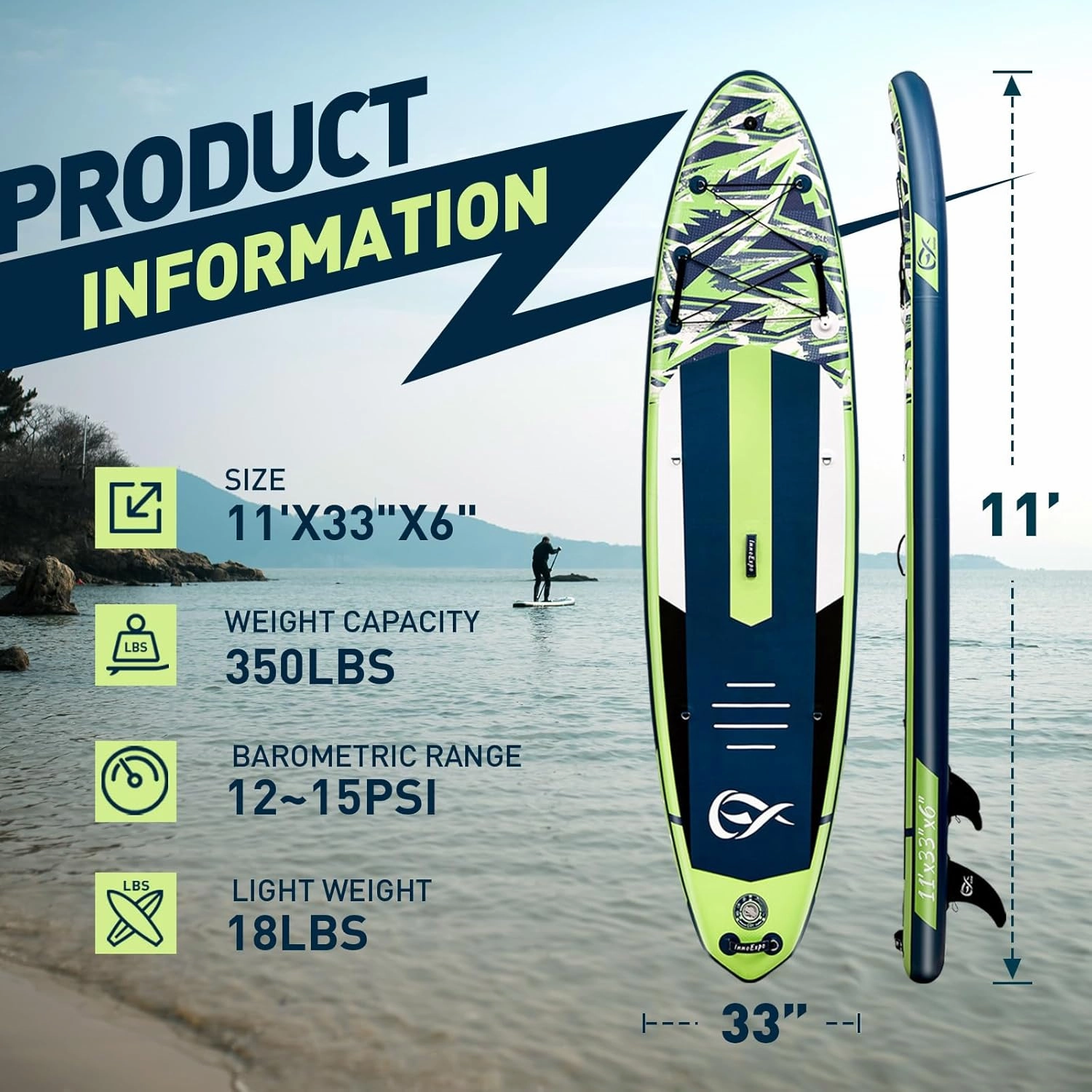 InnoExpo 11' Inflatable Stand Up Paddle Boards with Premium Accessories, Wide Stable SUP Paddle Board Design, Non-Slip Comfort Deck for Youth & Adults