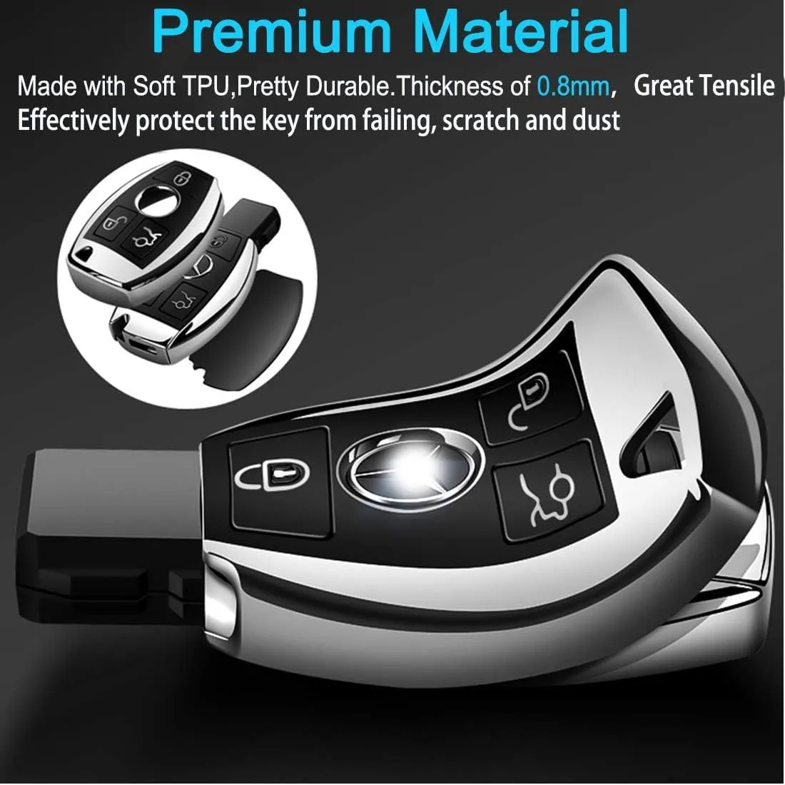 Intermerge for Mercedes Benz Key Fob Cover, Premium Soft TPU Key Case Cover Compatible with Mercedes Benz C E S M CLS CLK G Class Keyless Smart Key Fob_Silver