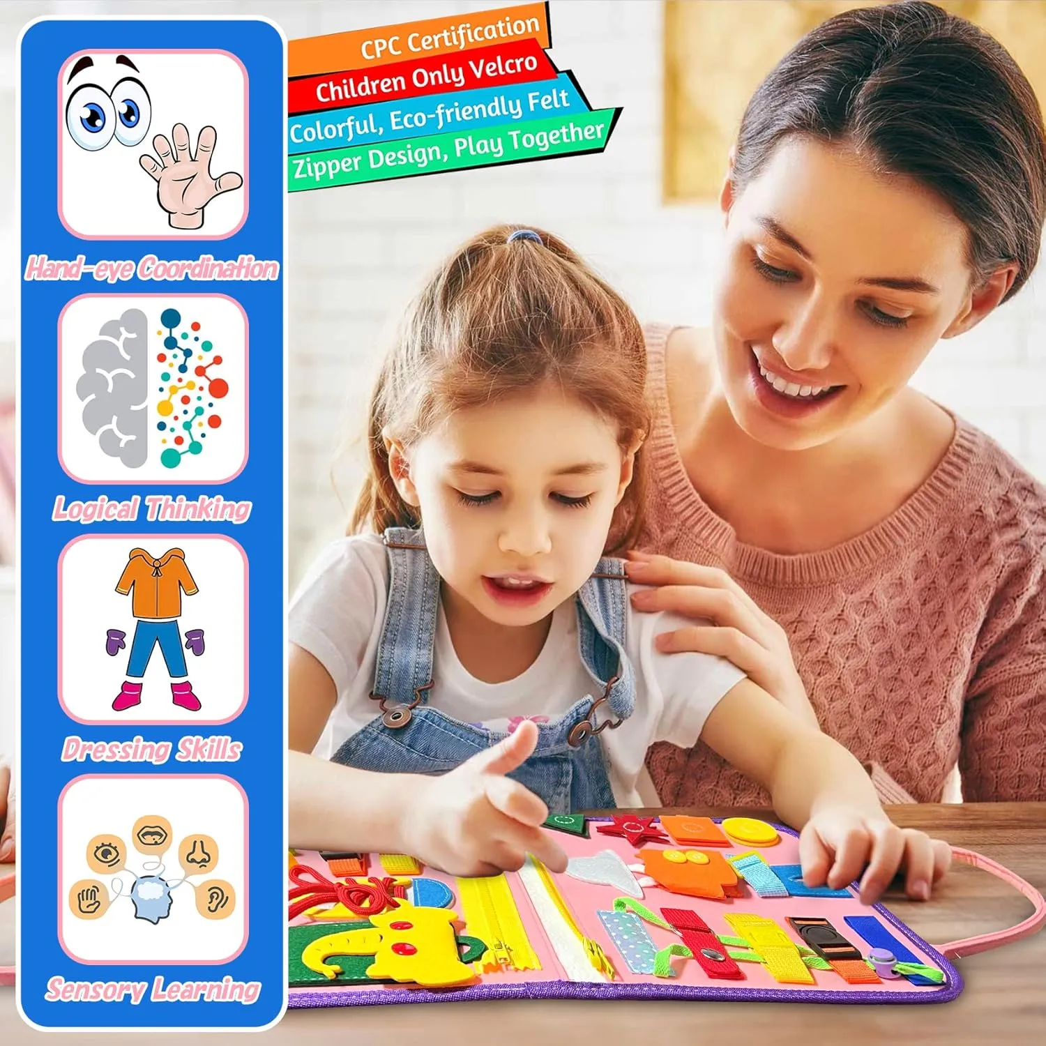 iooo Toddler Busy Board Montessori Toys for 1 2 3 4 Year Old, Sensory Board with Buckles Educational Activities for Learning Fine Motor Skills, Gifts Toy for Girls Boys for Airplane Car (Pink-3)