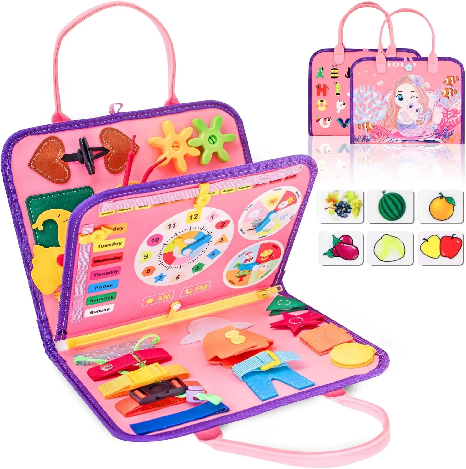 iooo Toddler Busy Board Montessori Toys for 1 2 3 4 Year Old, Sensory Board with Buckles Educational Activities for Learning Fine Motor Skills, Gifts Toy for Girls Boys for Airplane Car (Pink-3)