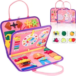 iooo Toddler Busy Board Montessori Toys for 1 2 3 4 Year Old, Sensory Board with Buckles Educational Activities for Learning Fine Motor Skills, Gifts Toy for Girls Boys for Airplane Car (Pink-3)