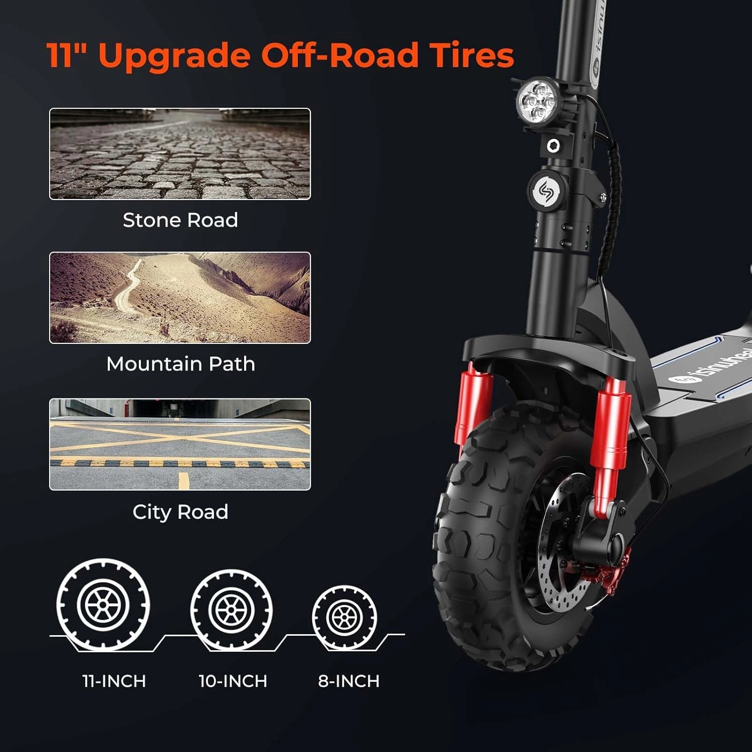 isinwheel GT2 Electric Scooter, 11" Off Road Tires, 1000W Motor E-Scooter Up to 37Miles Long-Range, 28MPH Top Speed, Folding Commuting Scooter for Adults with Dual Shock Absorbers