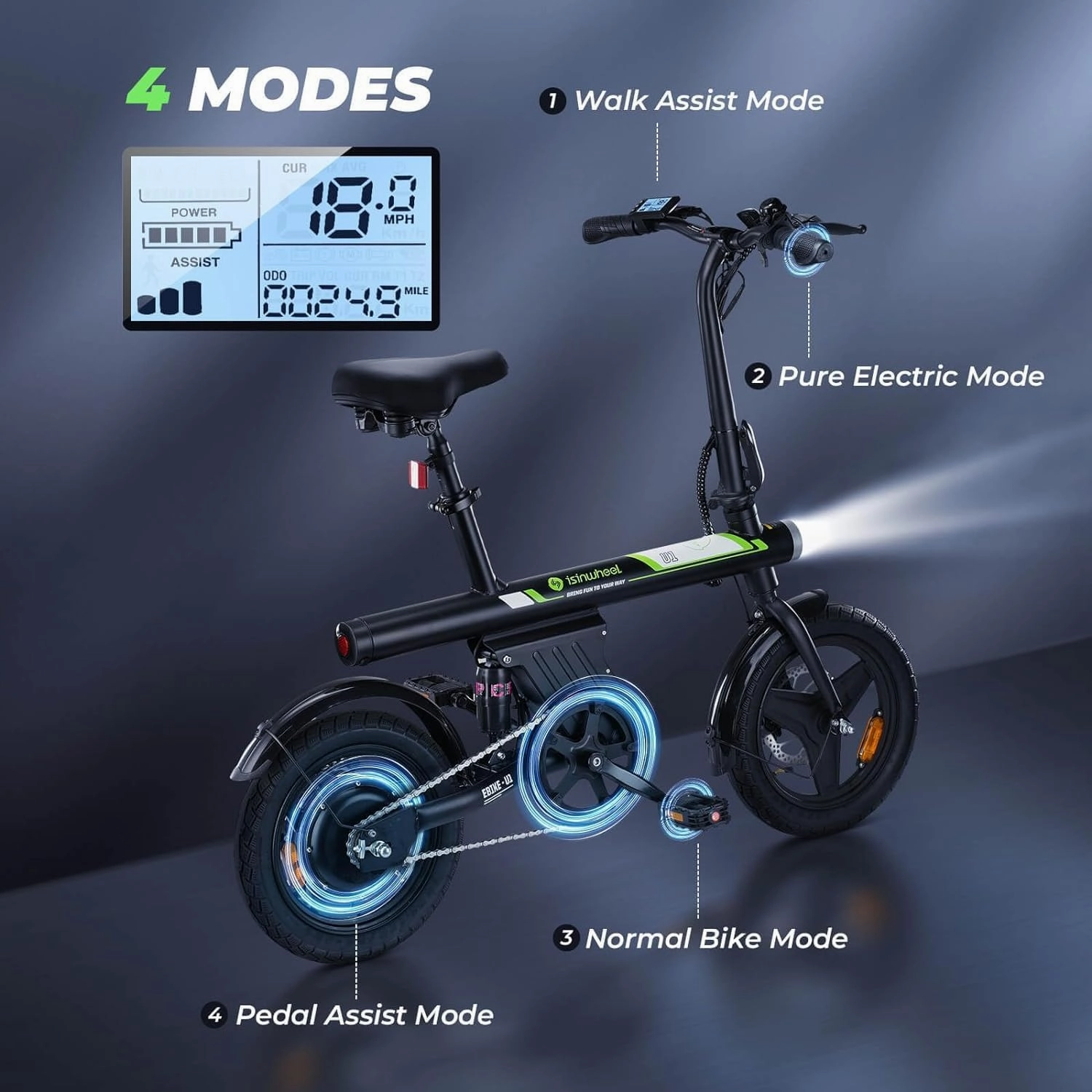 isinwheel U1 Electric Bike, 500W Motor, 20 mph, Folding Ebike, 14"/16"/20" Adults Electric Bicycles, 280.8Wh Battery, 25 Miles PAS Range, Black, Disc Brake, Aluminum Alloy Wheels