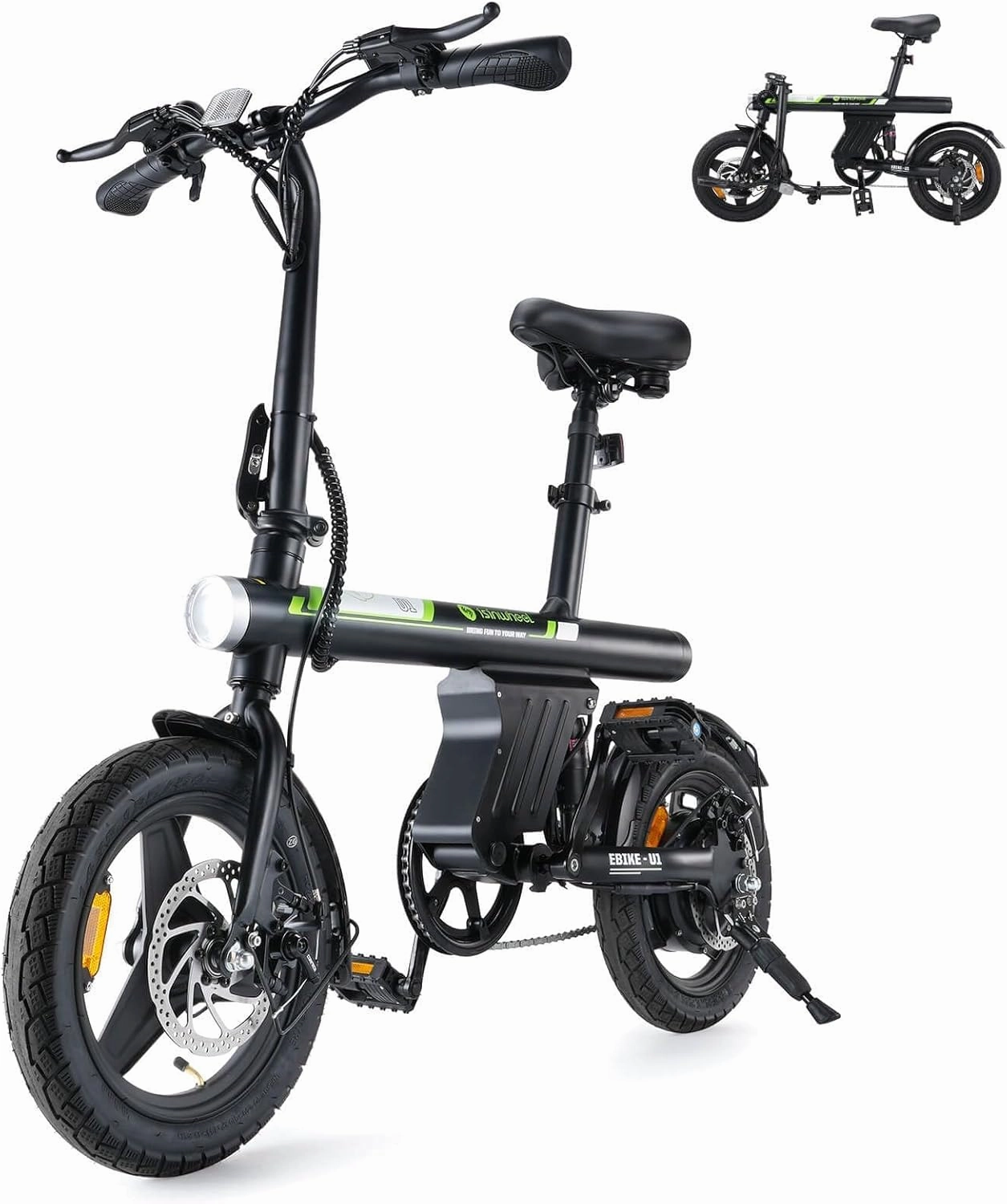 isinwheel U1 Electric Bike, 500W Motor, 20 mph, Folding Ebike, 14"/16"/20" Adults Electric Bicycles, 280.8Wh Battery, 25 Miles PAS Range, Black, Disc Brake, Aluminum Alloy Wheels