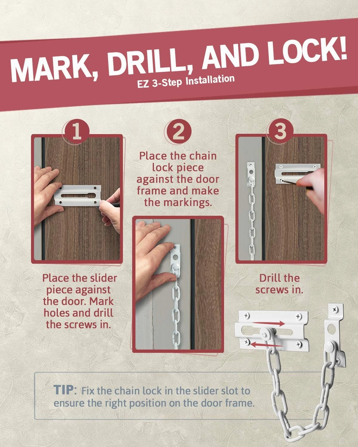 Jack N’ Drill Chain Door Guard with Lock - 2 Pack Chain Lock Door Guard, Sturdy & Rust-Resistant Steel Chain Locks for Inside Door and Extra Front Door Lock, 100% Child Safe (White)
