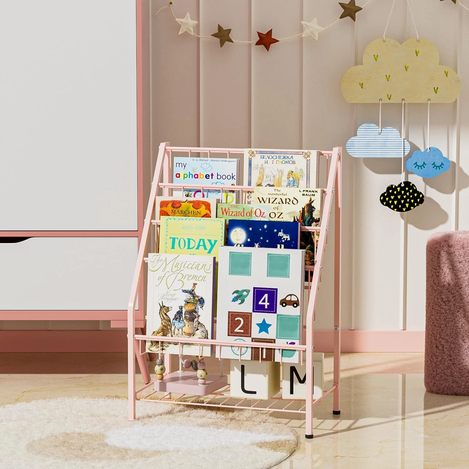 JAQ Bookshelf for Toddlers, 4-Tier Metal Kids Bookshelves Rack with Toy Storage Organizer in Bedroom Study Room Playrooms Nursery for Infants Baby Young Children (4-Tier/ 28.3 inch, Pink)