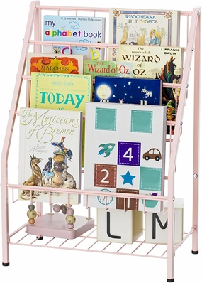 JAQ Bookshelf for Toddlers, 4-Tier Metal Kids Bookshelves Rack with Toy Storage Organizer in Bedroom Study Room Playrooms Nursery for Infants Baby Young Children (4-Tier/ 28.3 inch, Pink)