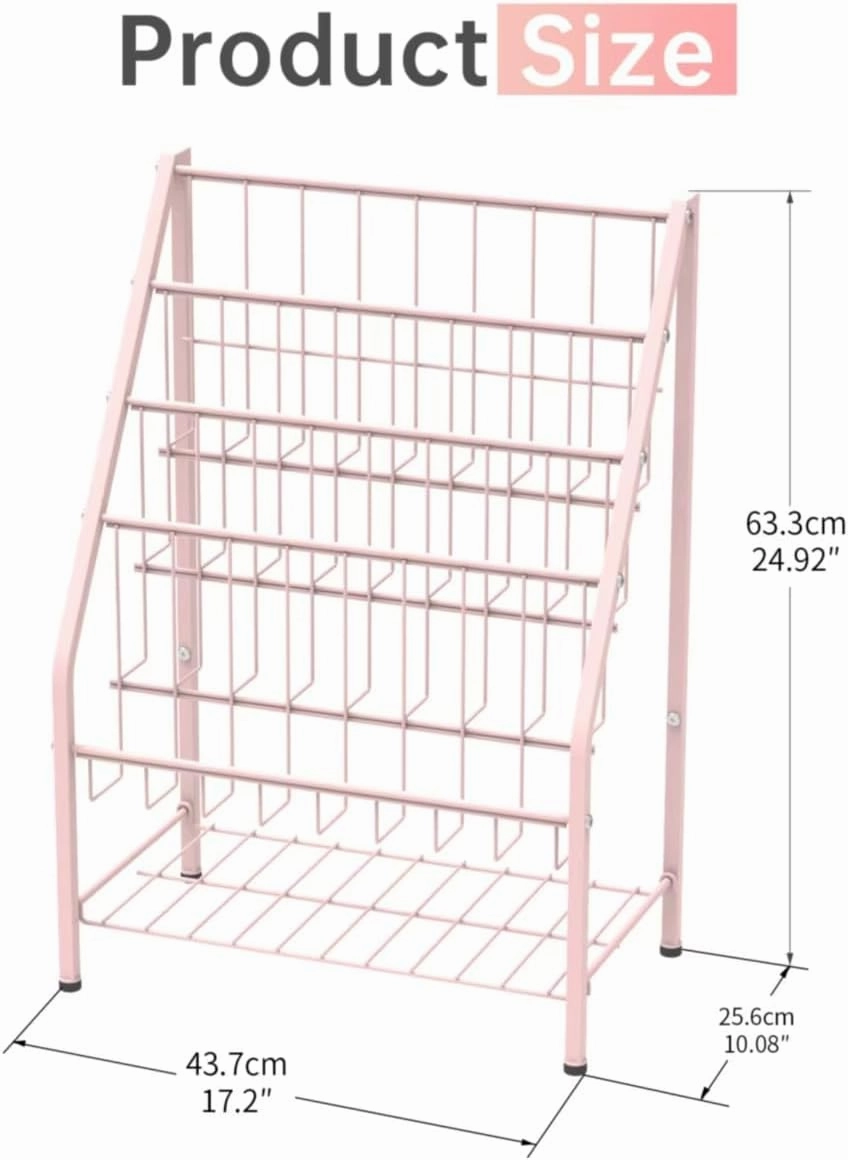 JAQ Bookshelf for Toddlers, 4-Tier Metal Kids Bookshelves Rack with Toy Storage Organizer in Bedroom Study Room Playrooms Nursery for Infants Baby Young Children (4-Tier/ 28.3 inch, Pink)