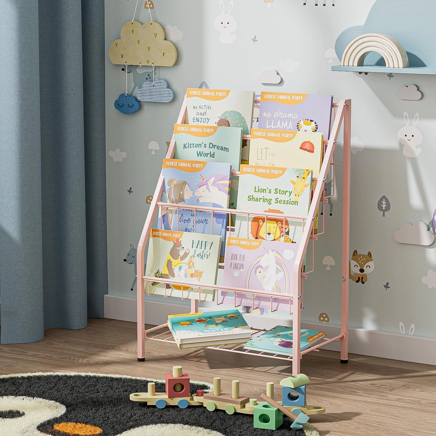 JAQ Bookshelf for Toddlers, 4-Tier Metal Kids Bookshelves Rack with Toy Storage Organizer in Bedroom Study Room Playrooms Nursery for Infants Baby Young Children (4-Tier/ 28.3 inch, Pink)