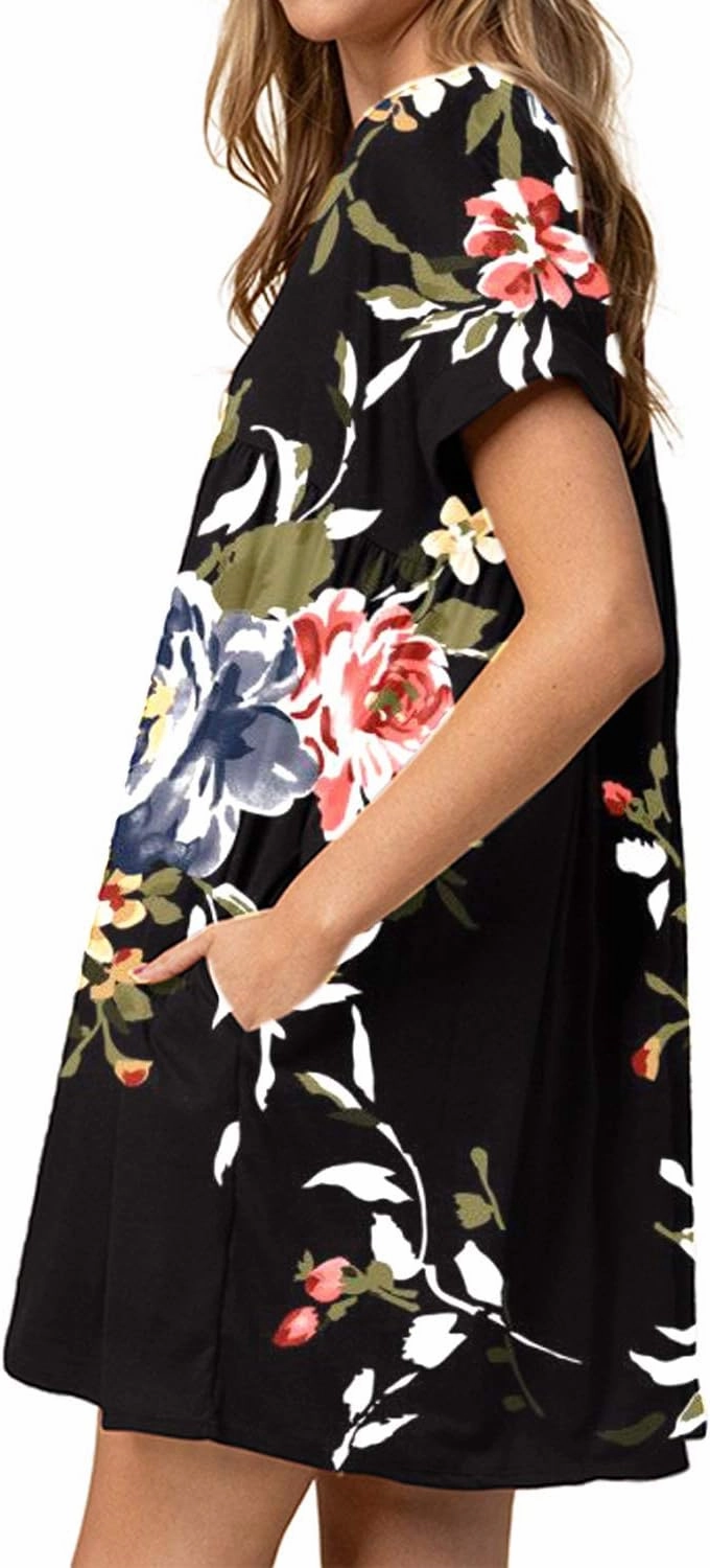 Jayscreate Women's Baby Doll Dress Summer Casual Tunic Pleated Flowy Swing Short Sleeve Black V Neck Mini Dress