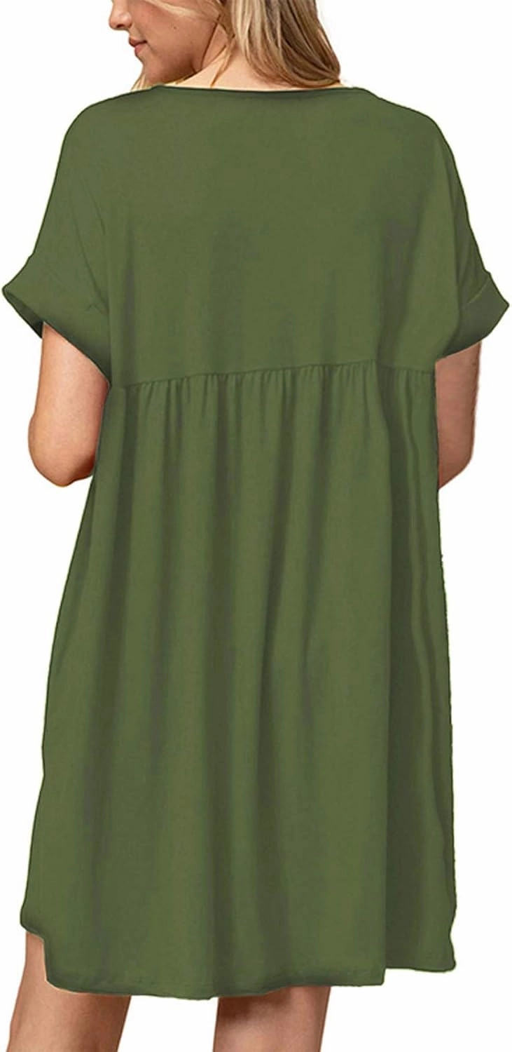 Jayscreate Women's Baby Doll Dress Summer Casual Tunic Pleated Flowy Swing Short Sleeve Black V Neck Mini Dress