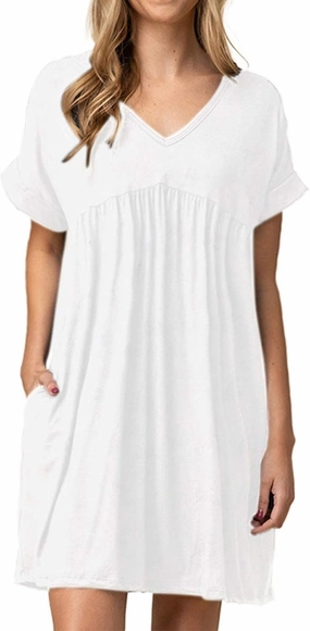 Jayscreate Women's Baby Doll Dress Summer Casual Tunic Pleated Flowy Swing Short Sleeve Black V Neck Mini Dress