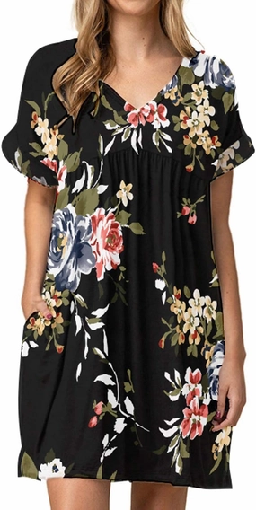 Jayscreate Women's Baby Doll Dress Summer Casual Tunic Pleated Flowy Swing Short Sleeve Black V Neck Mini Dress