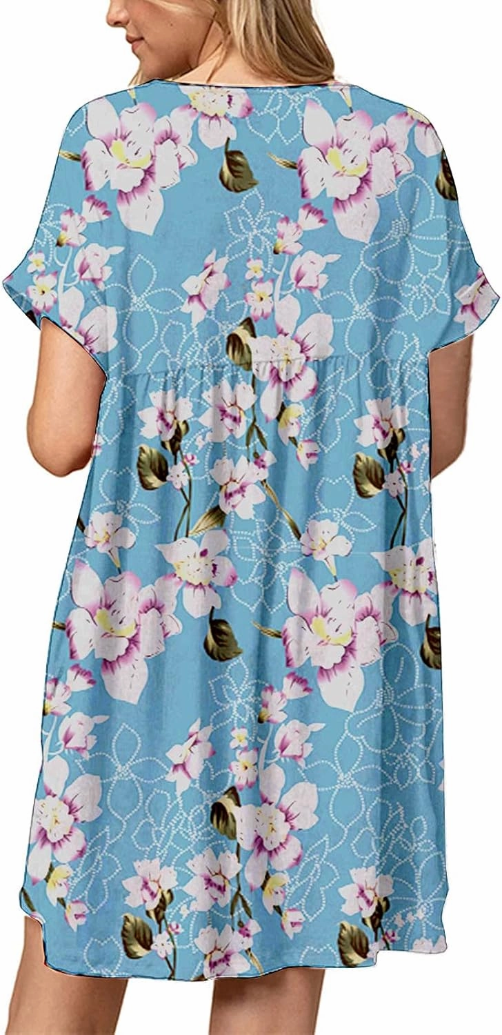 Jayscreate Women's Baby Doll Dress Summer Casual Tunic Pleated Flowy Swing Short Sleeve Black V Neck Mini Dress